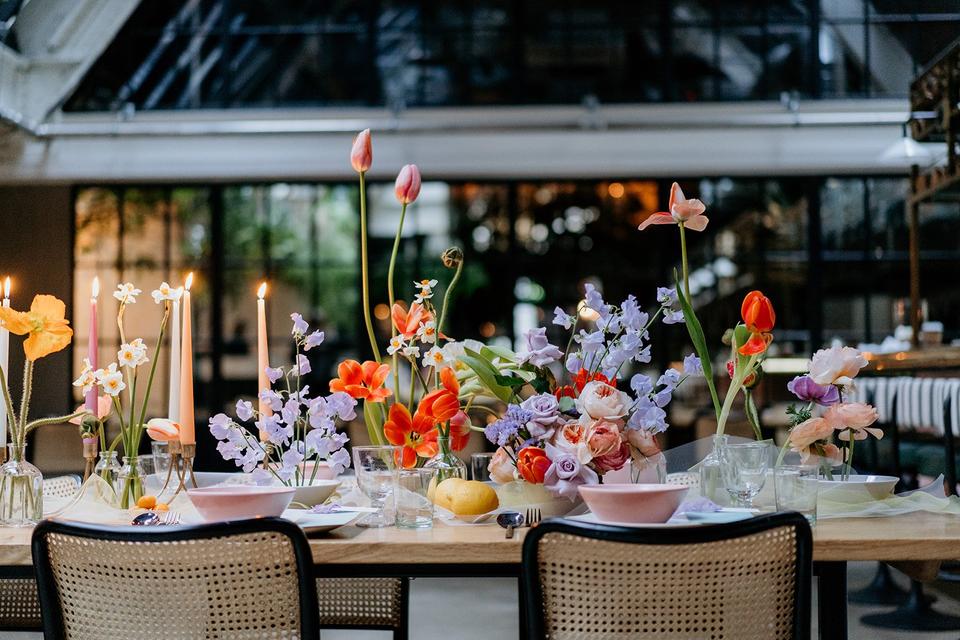 Colored Candles with Matching Flower Bouquets