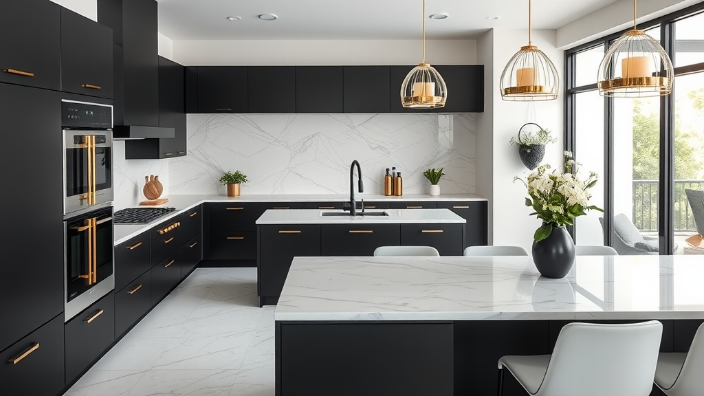 All-Black Kitchen with White Marble