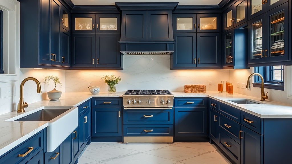 Brass Fixtures with Navy Blue Cabinets