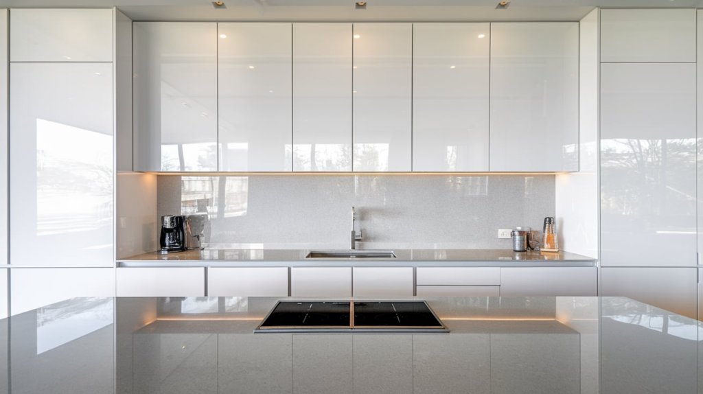 Sleek Handleless Cabinets with High-Gloss Finishes