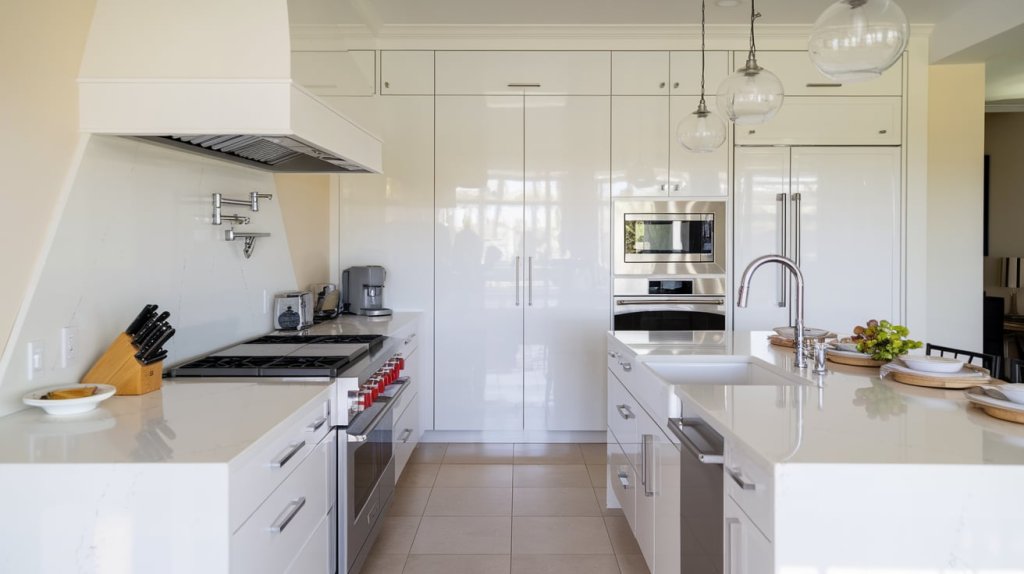 Waterfall-Edge Countertops in White Quartz